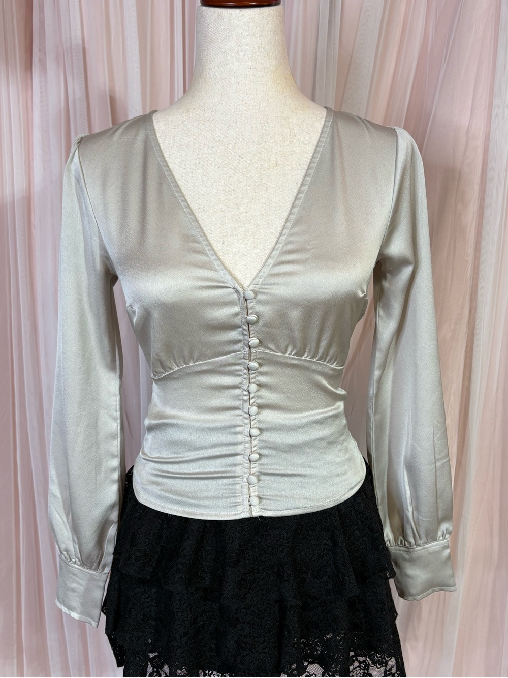 Abercrombie & Fitch Satin Top XS Silver Button Front Smocked